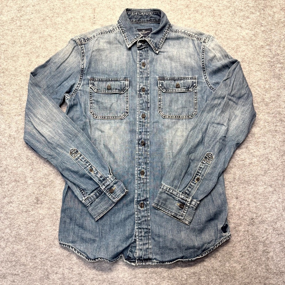 American Eagle Jean Shirt Men S Western Double Pocket Cotton Blue Solid Denim